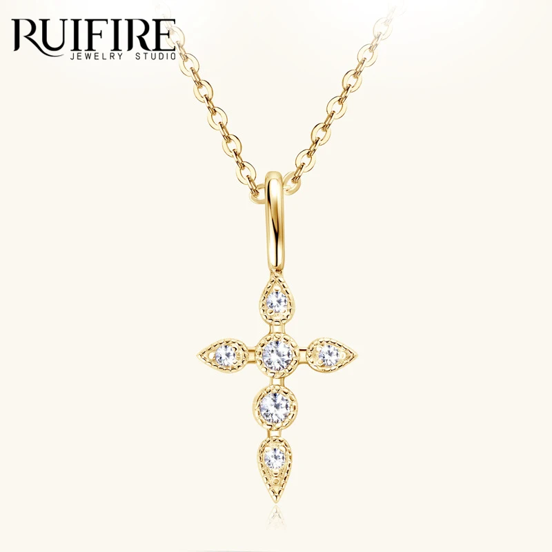 

RUIFIRE Cross Moissanite Pendant Necklace 14K Gold Plated S925 Sterling Silver Religious Chain Necklaces Jewelry GRA Certified