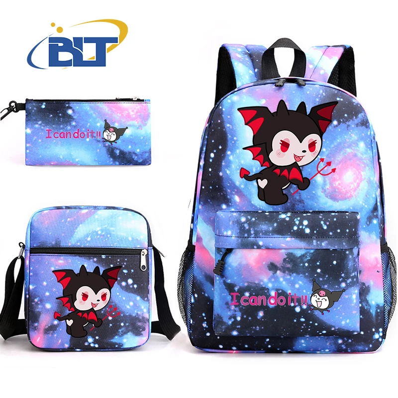 Kuromi Print Rugzak Set Campus Student Schooltas Etui Schoudertas 3-delige Set Voor Meisjes