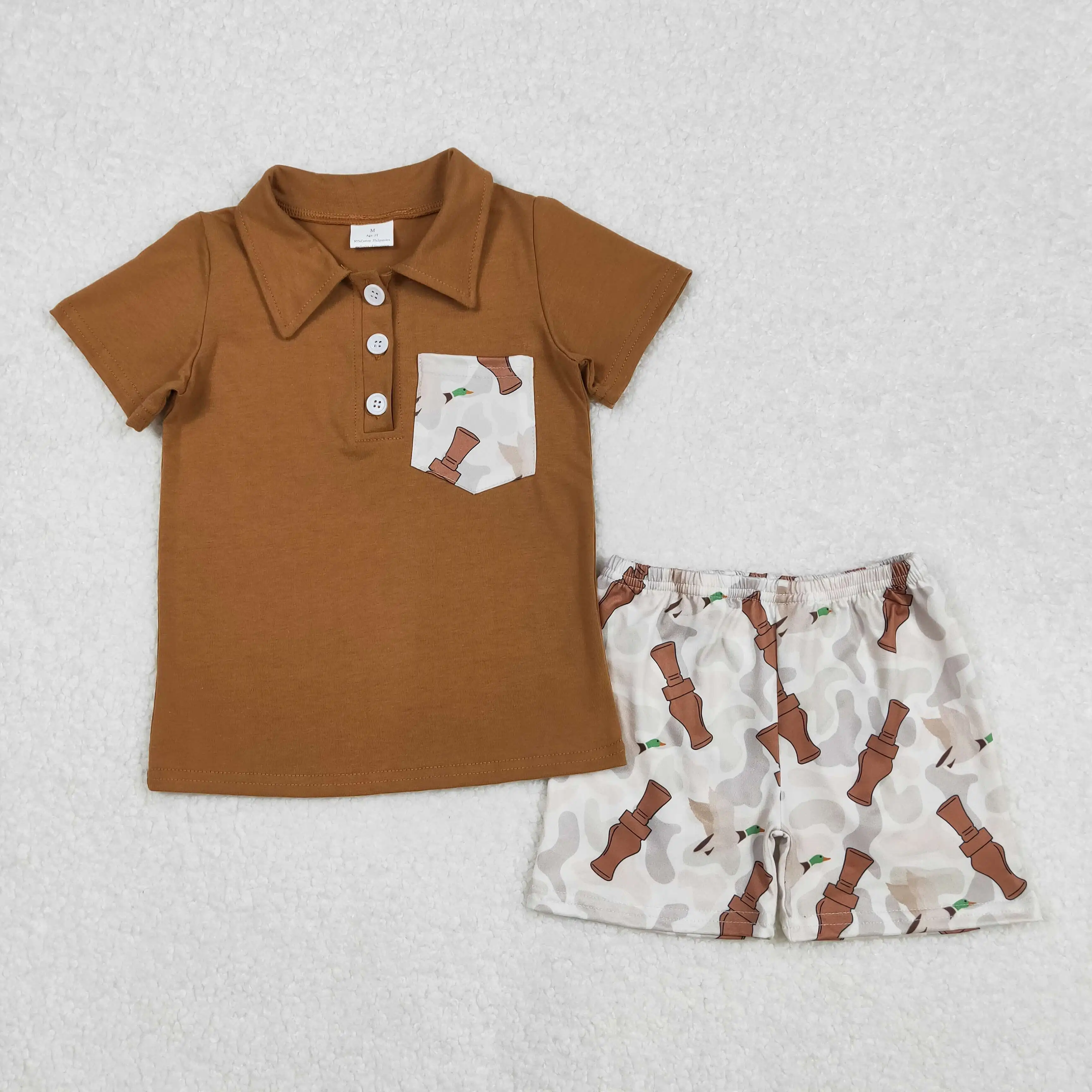 Wholesale Baby Boys Brown Pocket Tee Shirts Duck Call Camouflage Shorts Clothes Sets Boutique Kids Clothes Infant Summer Outfits