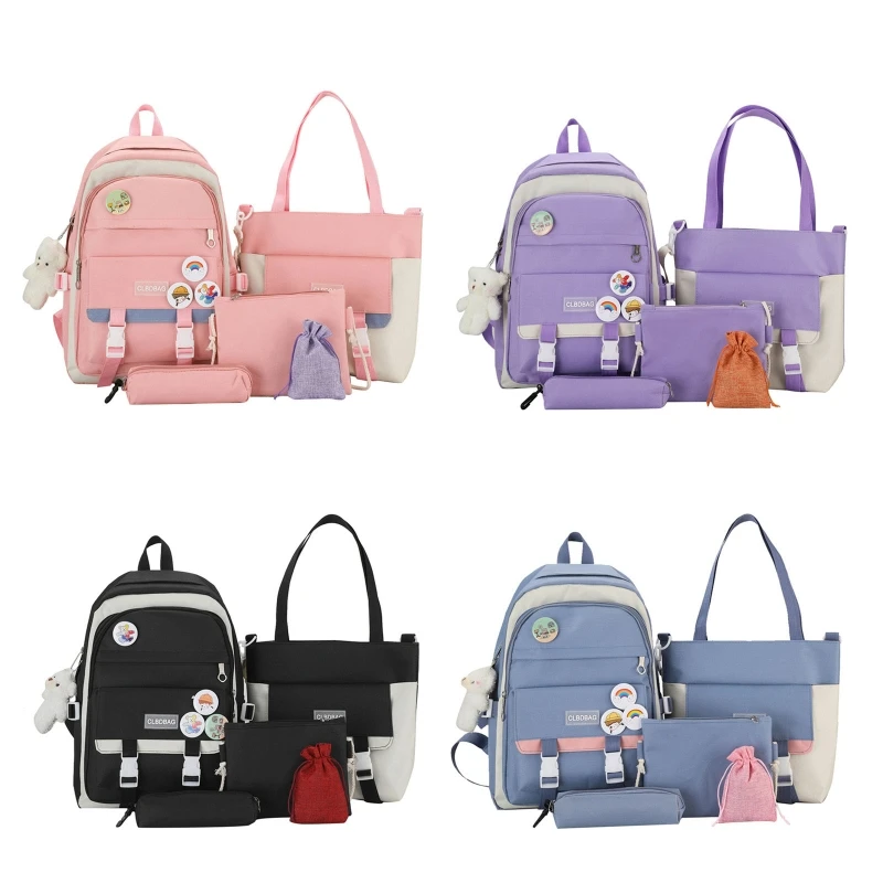 

5pcs Harajuku Women Laptop Backpack Nylon School Bags for Teenage Girls College Student Book Bag Rucksack