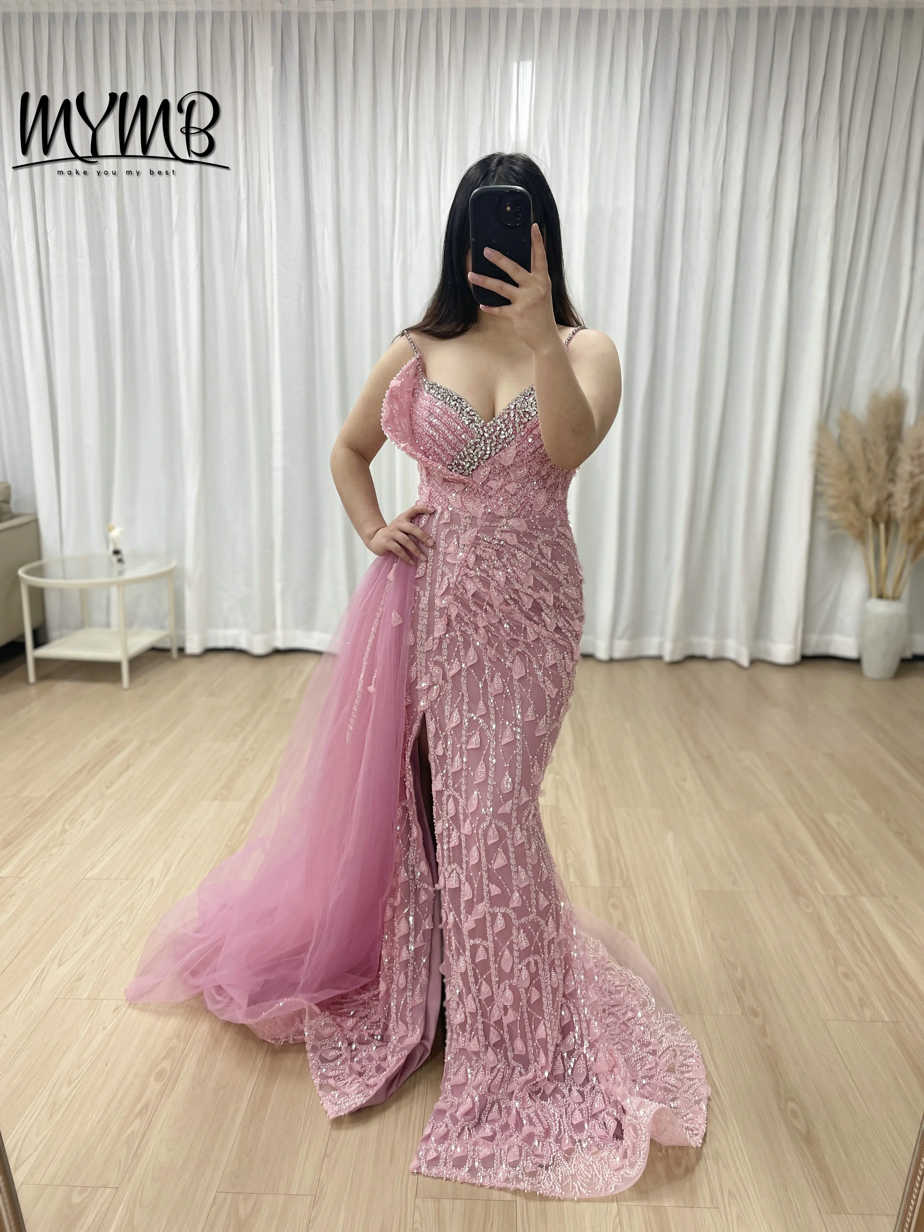 MYMB Luxury Intricate Sparkly Hand Beading Diamond Sexy High Slit Spaghetti Strap Evening Gown With Elegant Side Skirt MB40292
