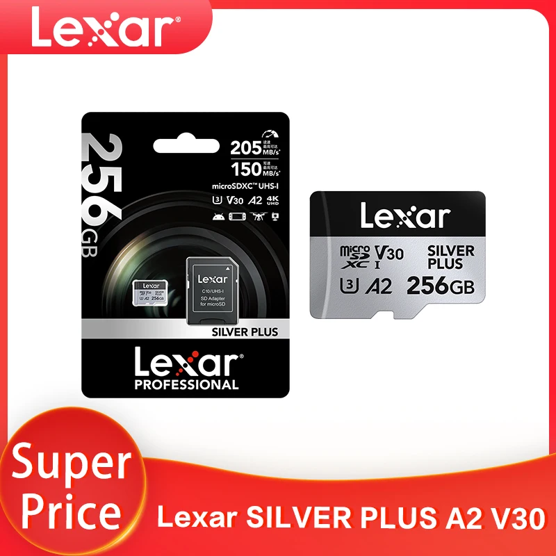 Карта памяти Lexar SILVER PLUS, 64 ГБ, 128 ГБ, 256 ГБ, скорость чтения до 205 Мб/с, A2 V30 4K UHD TF 1366x, профессиональная карта Micro SD