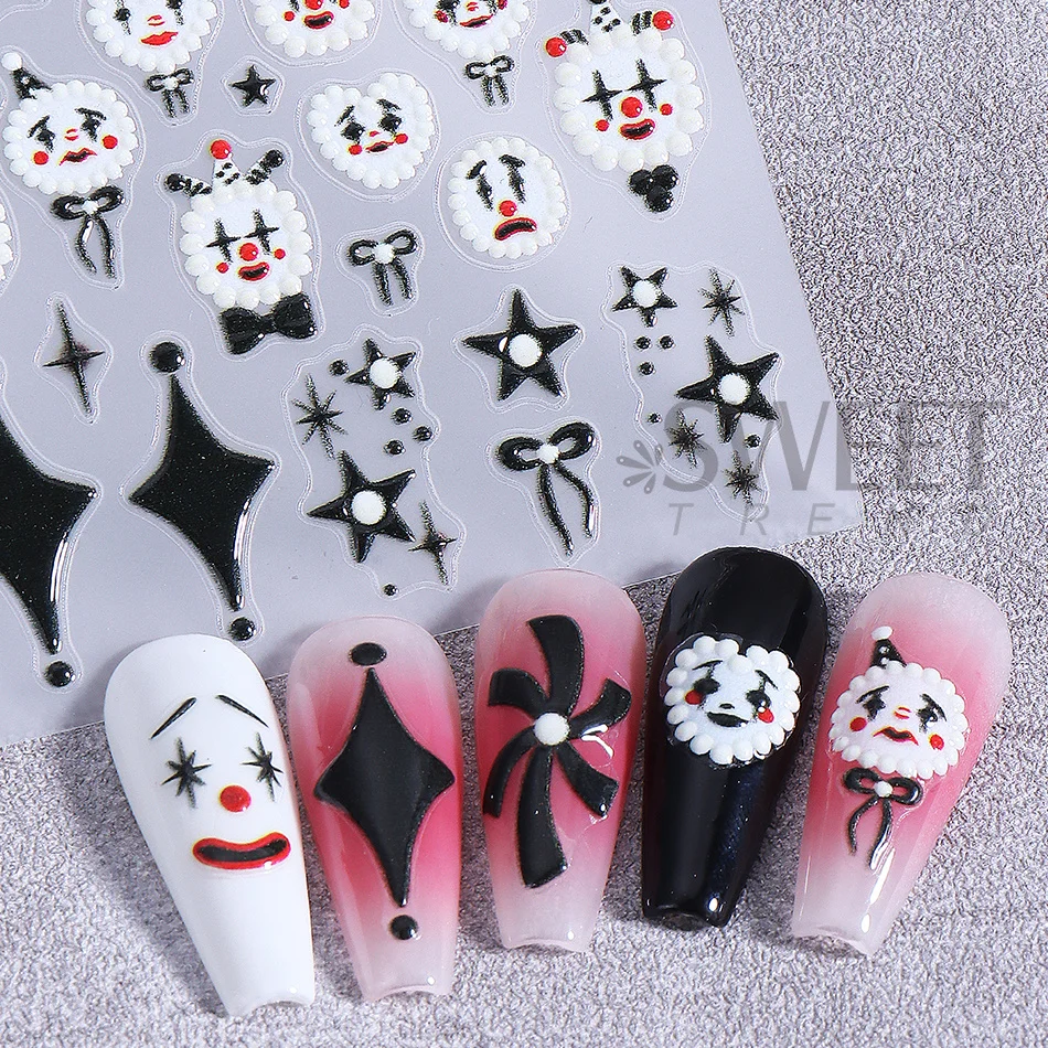 2 Stück Halloween-Nagelaufkleber, verrückter Ausdruck, Clown-Gesicht, Schleife, Sternmuster, Nagelaufkleber, DIY-Maniküre-Dekoration, Nagelzubehör – Detail 6
