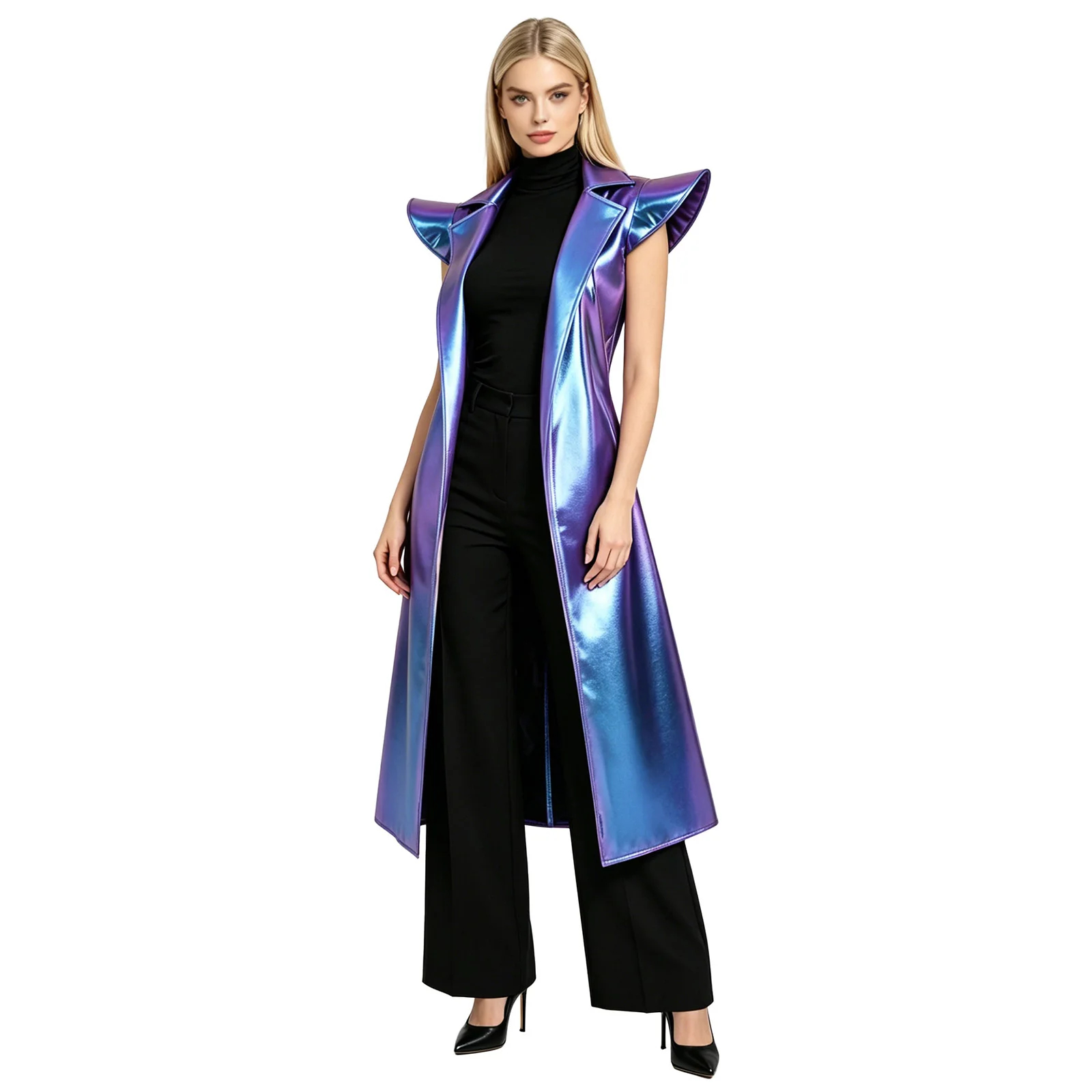 

Womens Metallic Shiny PU Trench Coat Fly Sleeve Lapel Open Front Belted Long Jacket Overcoat Rock Music Festivals Party Clubwear