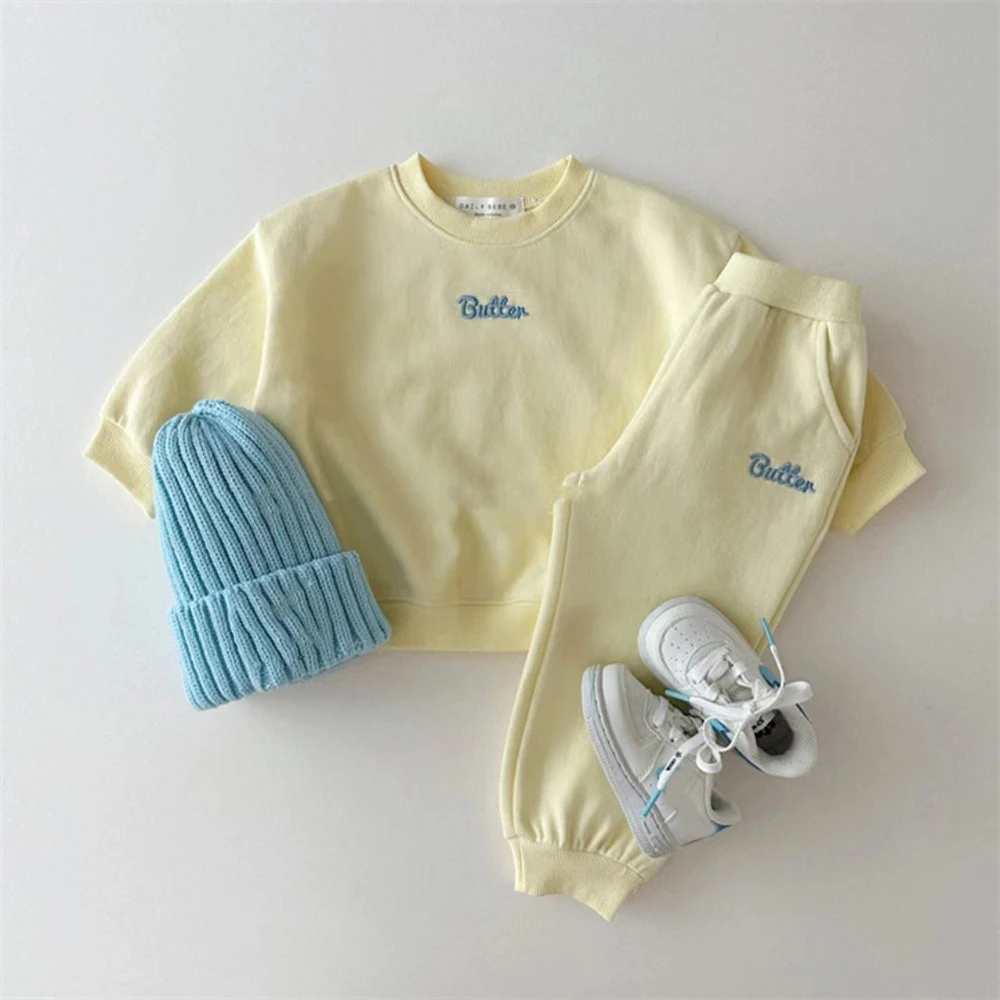 

1-5T Children Cotton 2Piece Set Boys Girls 2024 Spring Autumn Casual Embroidery Letter Pullover+Elastic Versatile Sweatpants