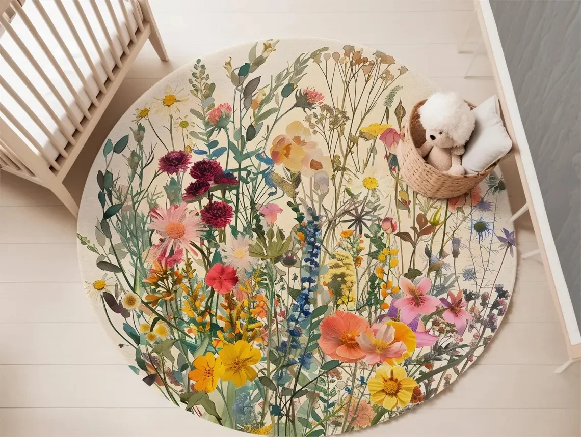 Spring Wildflowers Round Rug – Soft Floral Carpet for Living Room, Kids Playroom, Bedroom, Boho Nursery & Home Decor