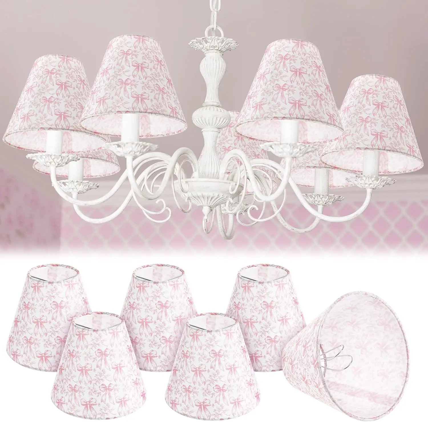 

6 Pcs Small Lampshade 3" Top x 6" Bottom x 5" High Vintage Pink Toile Coquette Chandelier Pink Bow Chinoiserie Lamp Shad