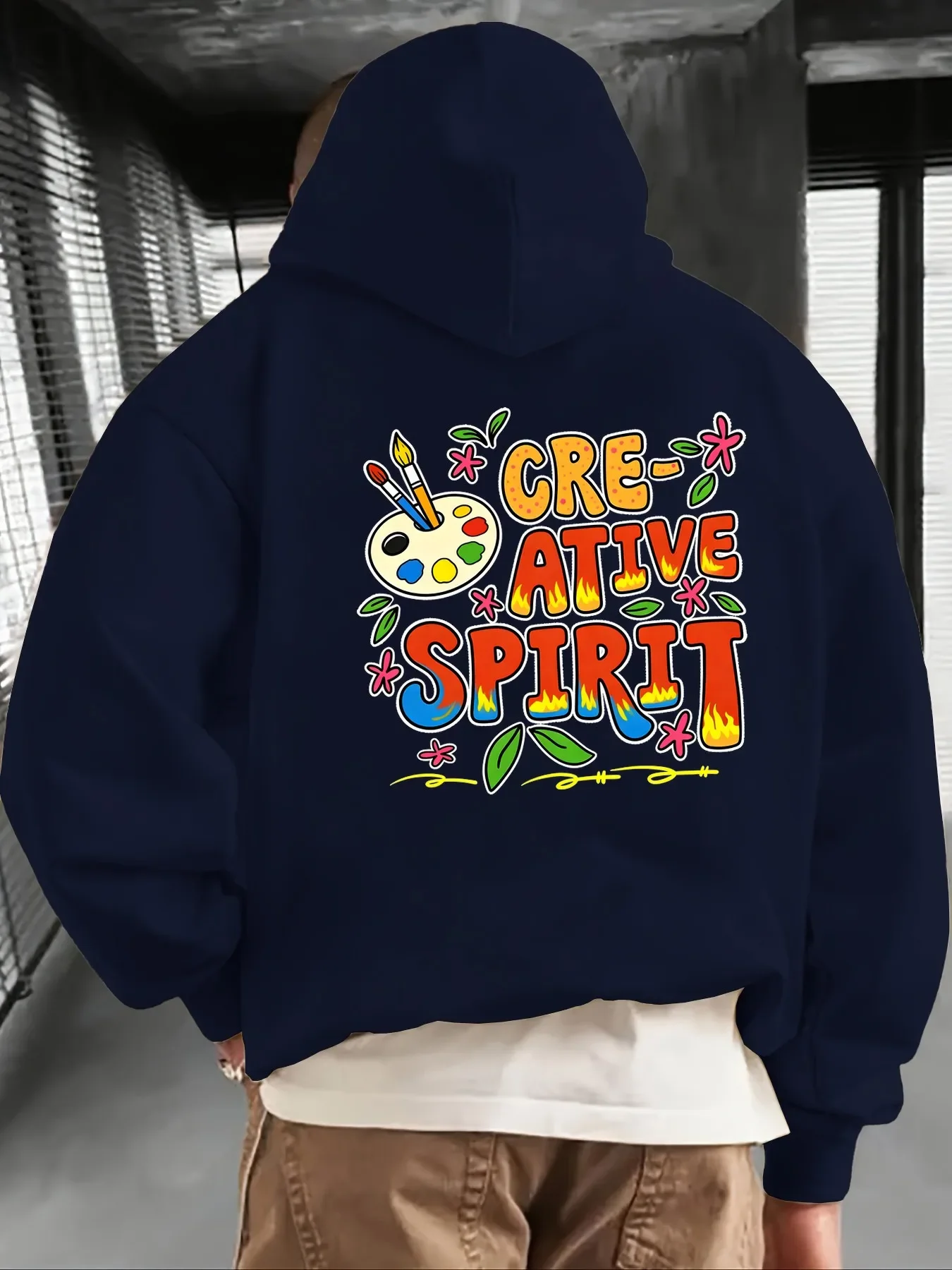 Men Creative Spirit Graphic Hoodie Art Palette Paint Brush Colorful Graffiti Back Print Pullover Loose Unisex Fleece Hoodie