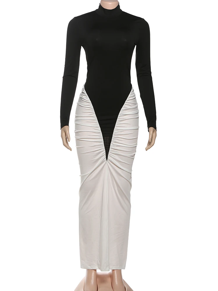 Sisterlinda Abito patchwork increspato Donna Manica intera Color Block Pesca Hip Elegante sexy semplice da sera Stretch Skinny Bodycon