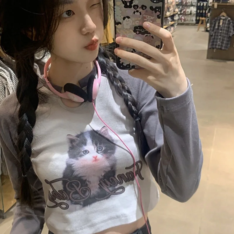 Y2k Aesthetic Patchwork T Shirts Kawaii Cat Print Graphic Cute Top Women Casual Crop Tops Long Sleeve Harajuku Pink Color Tees