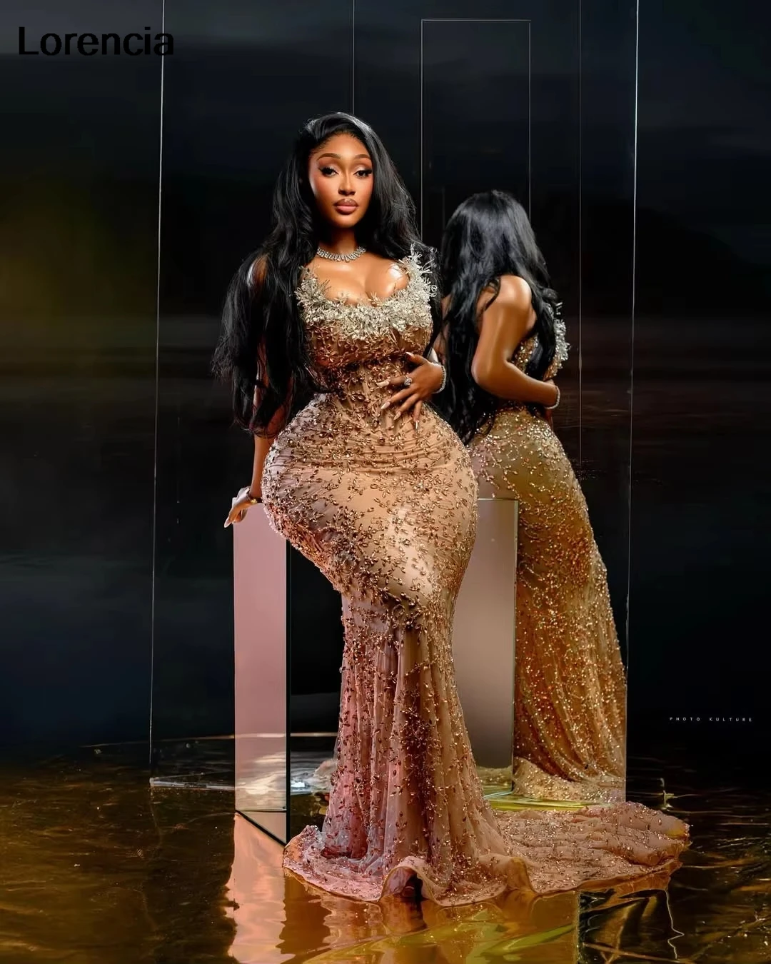 Vestido De graduación De sirena con cuentas doradas De lujo africano personalizado Aso Ebi negro para mujer vestido De noche Formal para fiesta bata De Sorrie YPD375