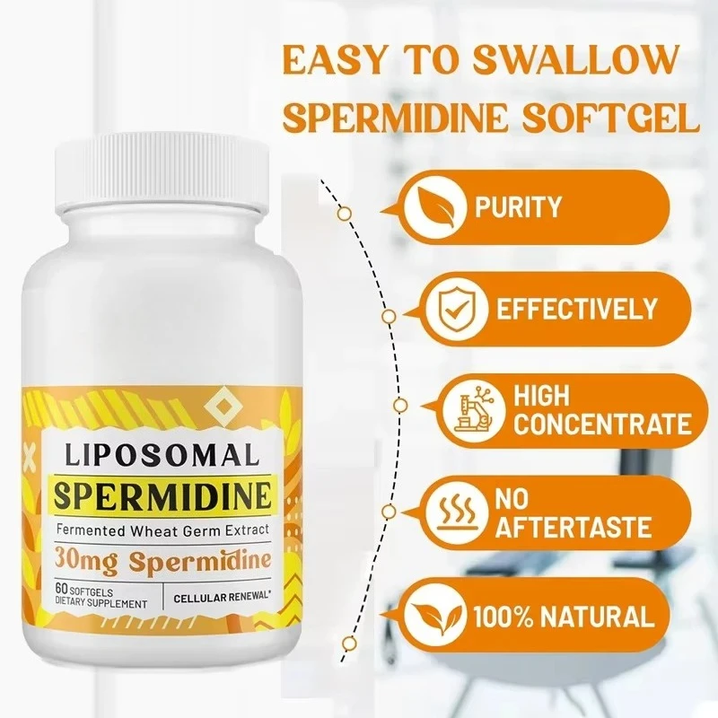 30mg Spermidine supplement, high absorption, fermented wheat germ extract, cell renewal, long lifespan, 60 softgel capsules