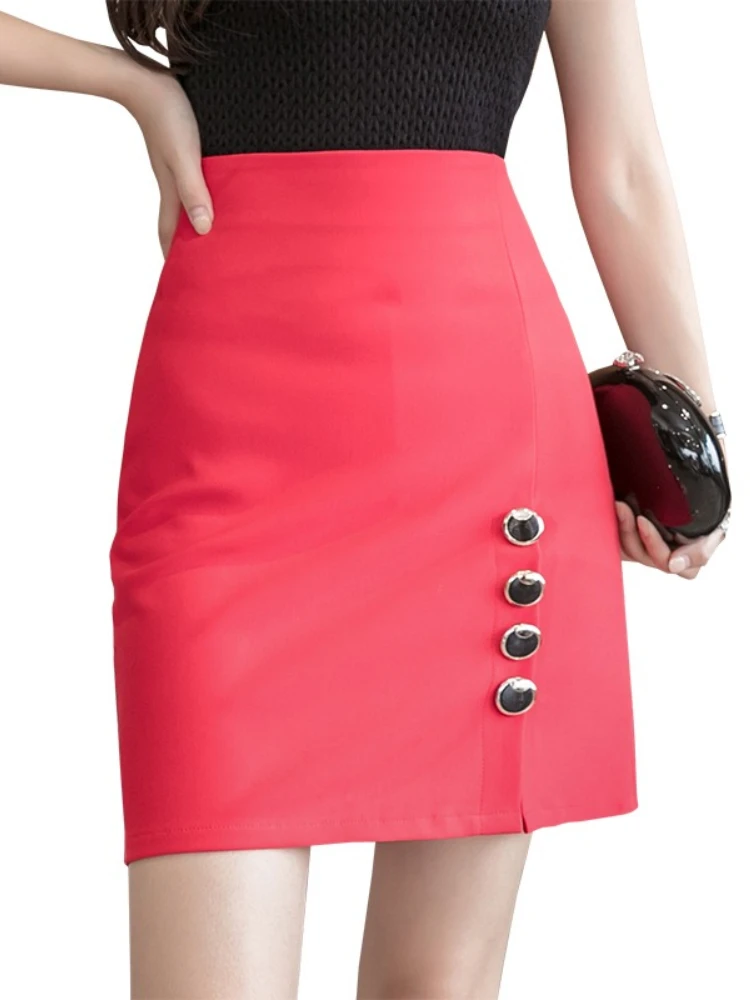 

2025 Plus Size Woman Skirts High Waist Button Thigh Side Slit Bodycon Mini Skirts Solid Color Office Ladies Casual Skirt