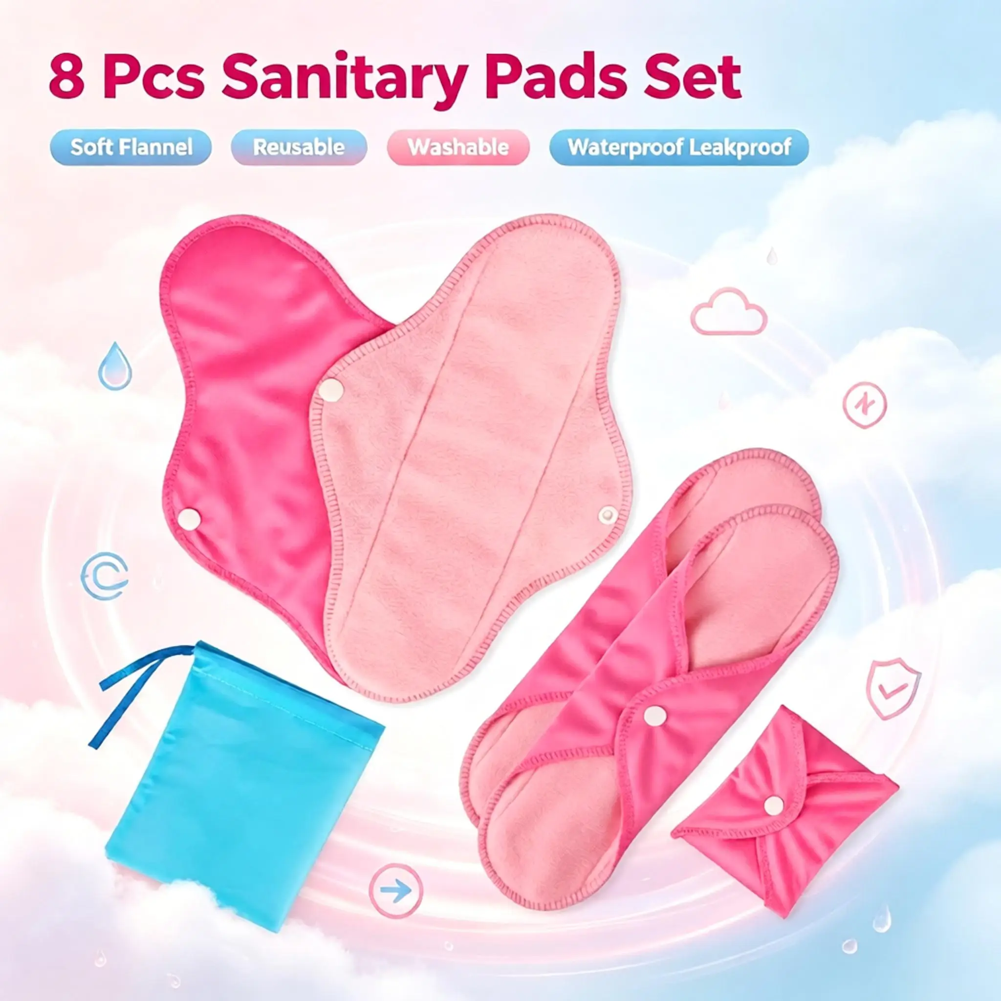 6Pcs Pink Flannel Cloth Pads Set Reusable Washable Waterproof Leak-Proof for Menstrual Postpartum Light Flow Hygiene