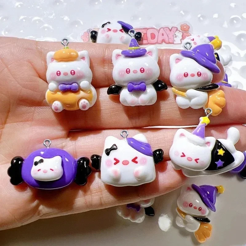 10Pcs Halloween Bat, Cat, Broom & Candy Resin Pendants Spooky Charms Handcraft Findings for DIY Earrings Necklaces Keychains