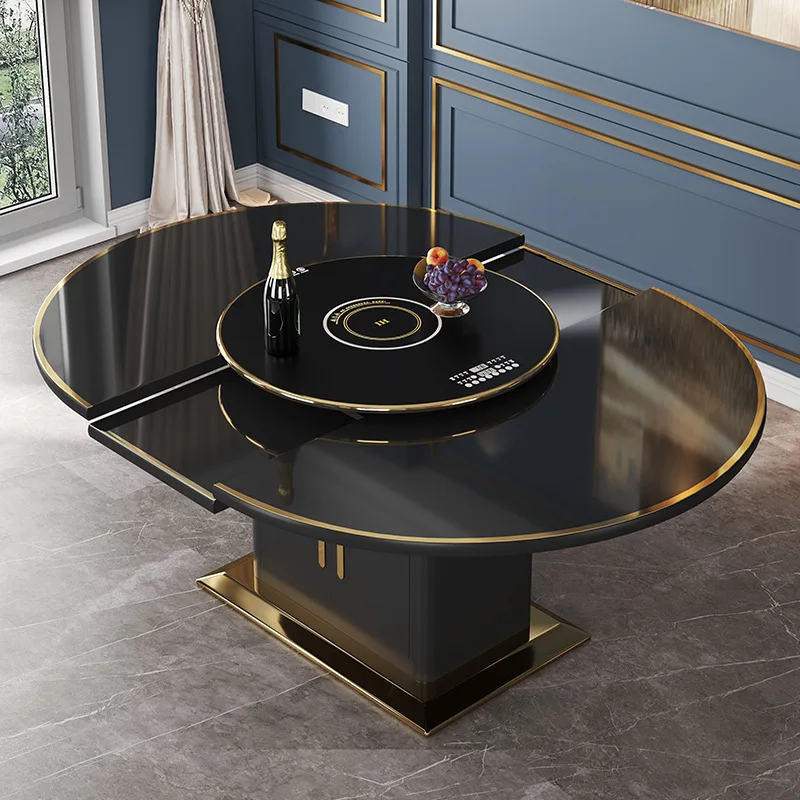 Modern simple electric turntable, vegetable warming board, dining table and chairs, hot pot.