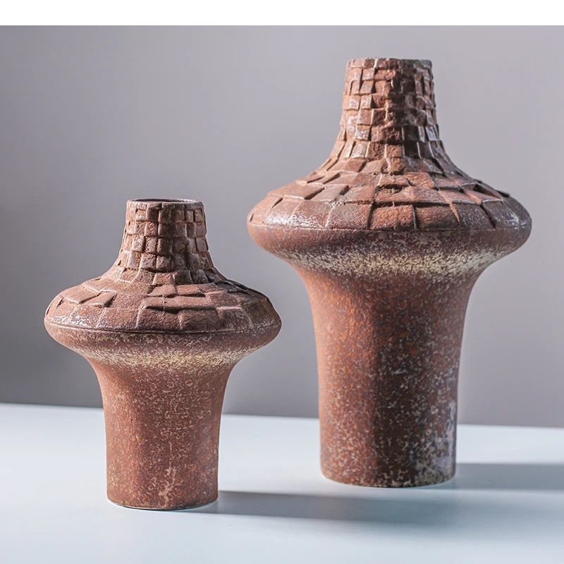 Ceramic Vase Coarse Pottery Handmade Plaid Pattern Clay Flower Art Ornaments Home Decoration Accessories