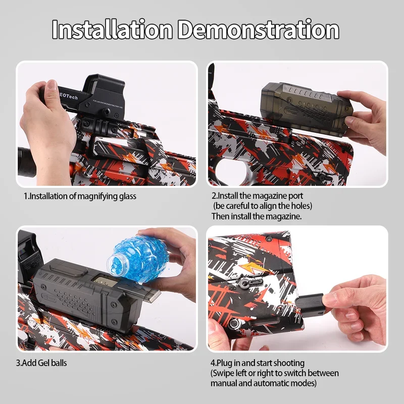 Pistola de brinquedo elétrica p90, pistola de brinquedo de bola respingo totalmente automática adequada para atividades ao ar livre -, jogo de equipe de tiro ao ar livre