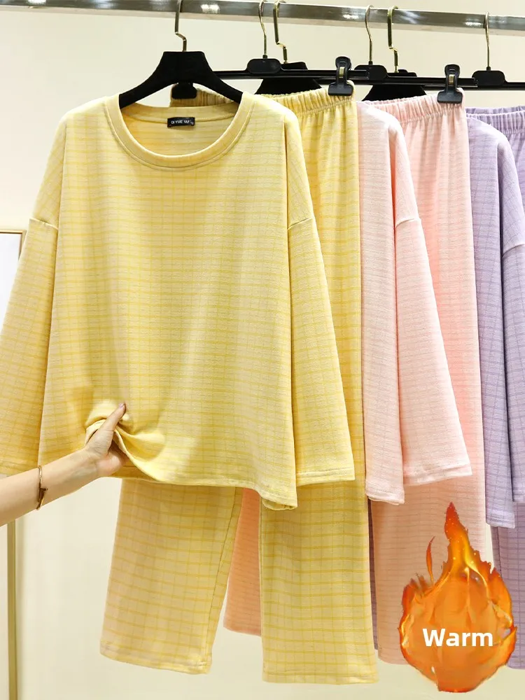 

Thickened Fleece Winter Pajamas Set Women's Loose Long Sleeve Long Pants Home Clothes Two-Piece Set Casual Style round Neck