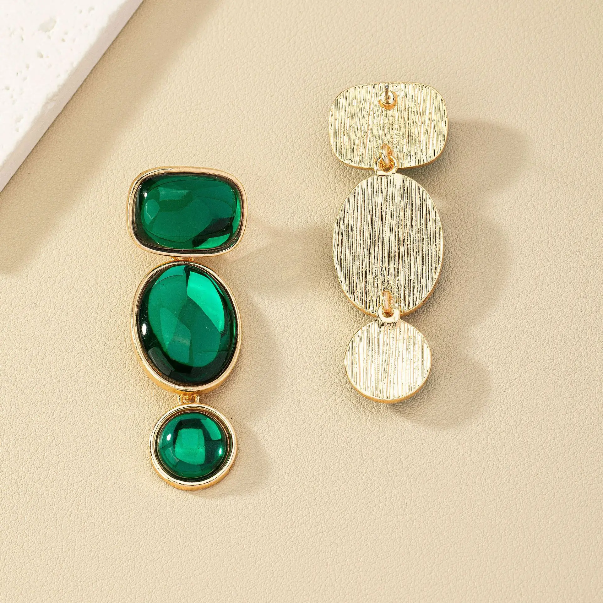 Light Luxury High-grade Sense of Green Glass Stone Earrings Small Personality Cold Wind Earrings Wholesale