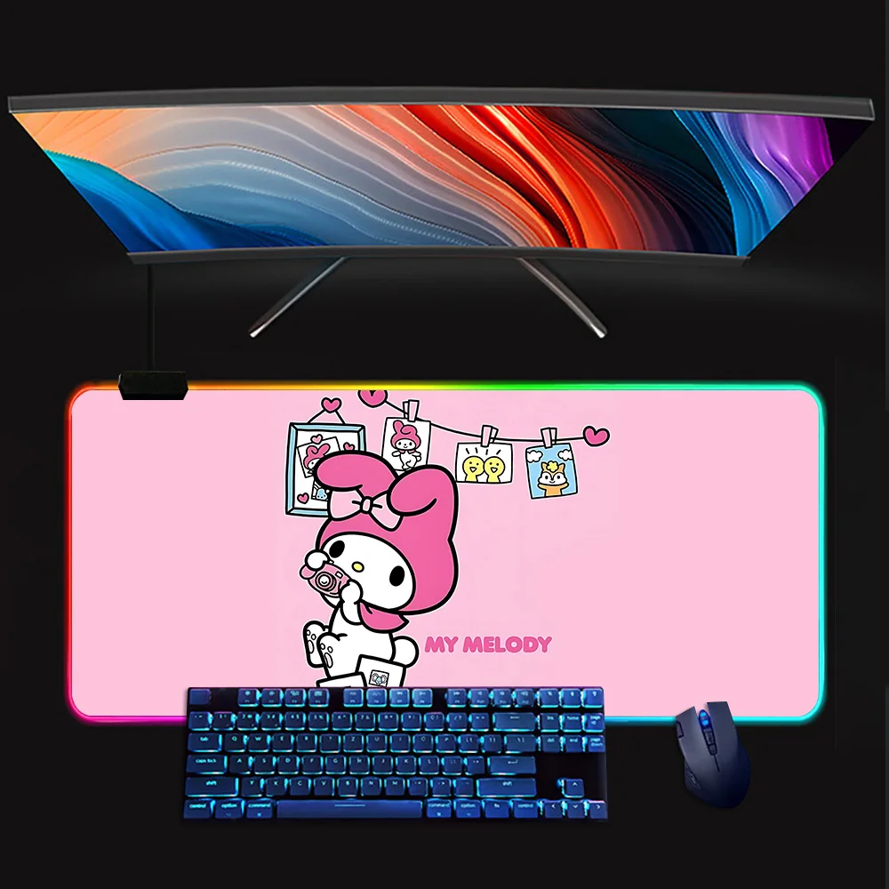 Cute My Melody RGB Pc Gamer Keyboard Mouse Pad Mousepad LED Glowing Mouse Mats Rubber Gaming Computer Mausepad