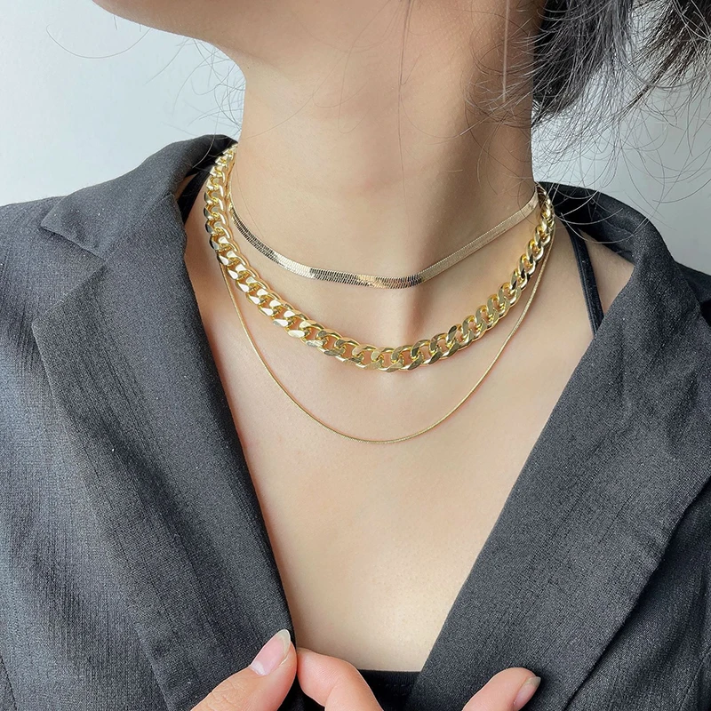 

Vintage Multilayer Choker Snake Chain Necklace For Women Thick Chain Hip-Hop Gold Silver Color Collar Jewelry Female Accessories