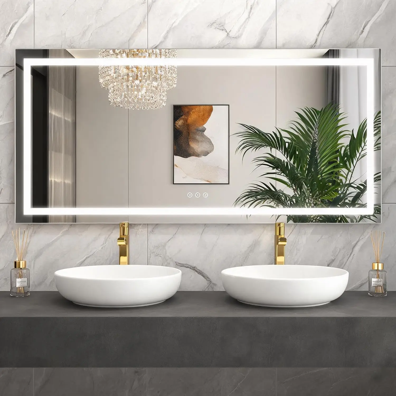 LED Bathroom Mirror with Double-Sided Lights & Anti-Fog, Dimmable, Anti-Fog, 3 Color Temps, Stepless Dimming, Memory, Tempered Glass, Wall Mount, For Bathroom Vanity