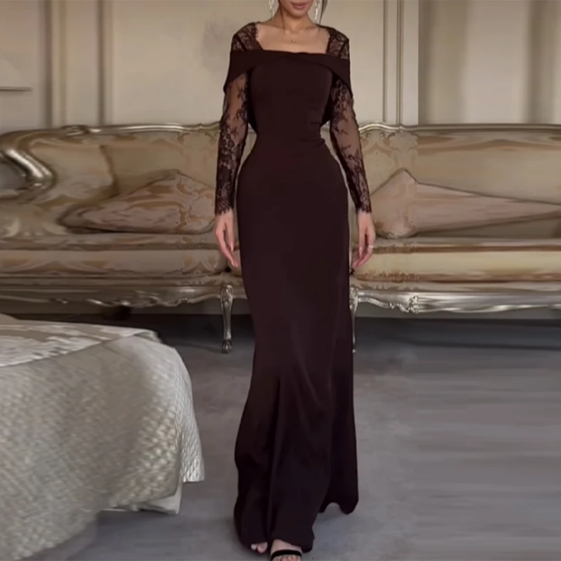 

Винтажное платье макси с открытыми плечами, вырезом-лодочкой, завышенной талией, длинное, приталенное, для вечеринок, 2026, новинка, однотонное, для торжественных случаев