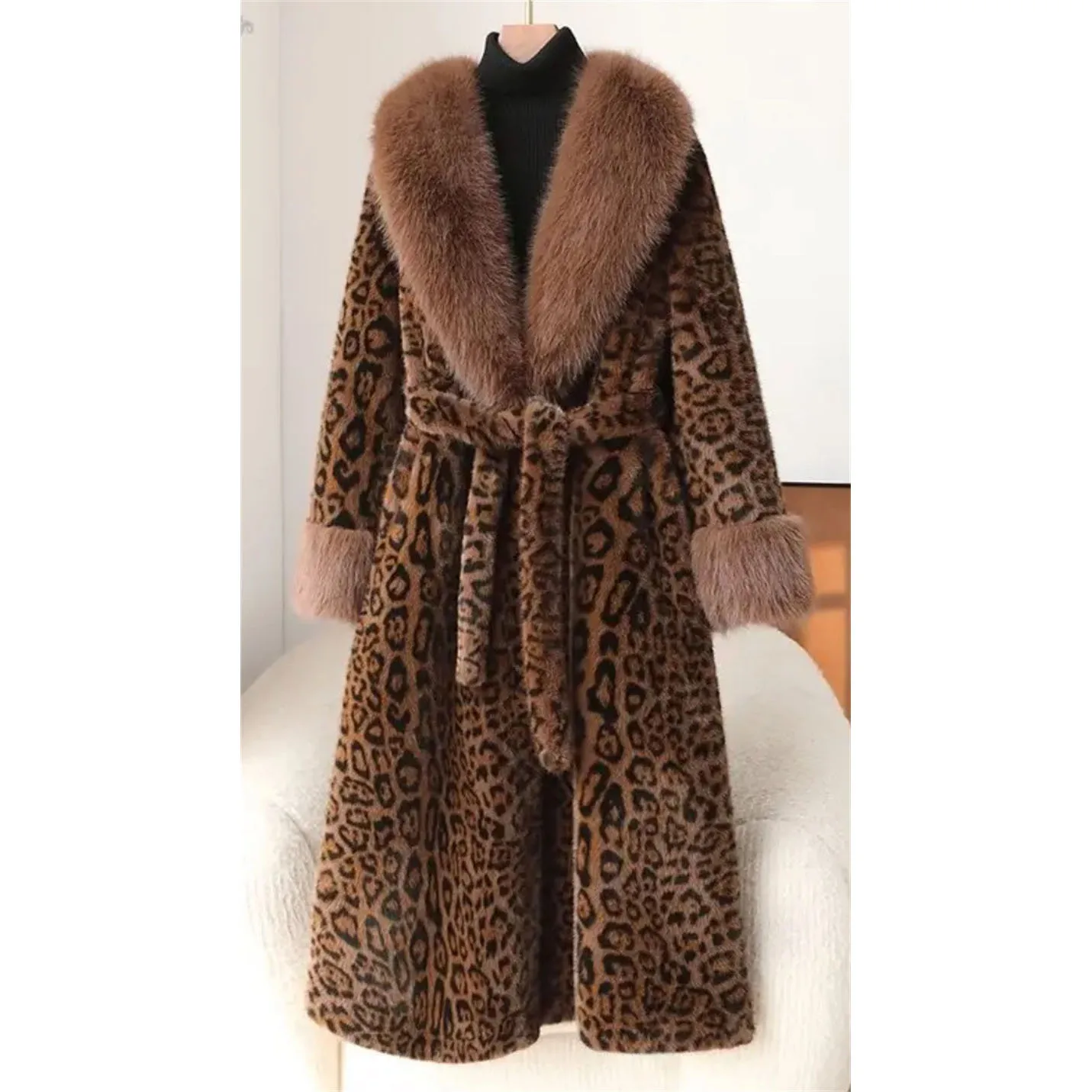 Inverno longo casaco de pele do falso moda feminina luxo leopardo impressão pele outwear temperamento feminino engrossar para cor de pele jaqueta de vison