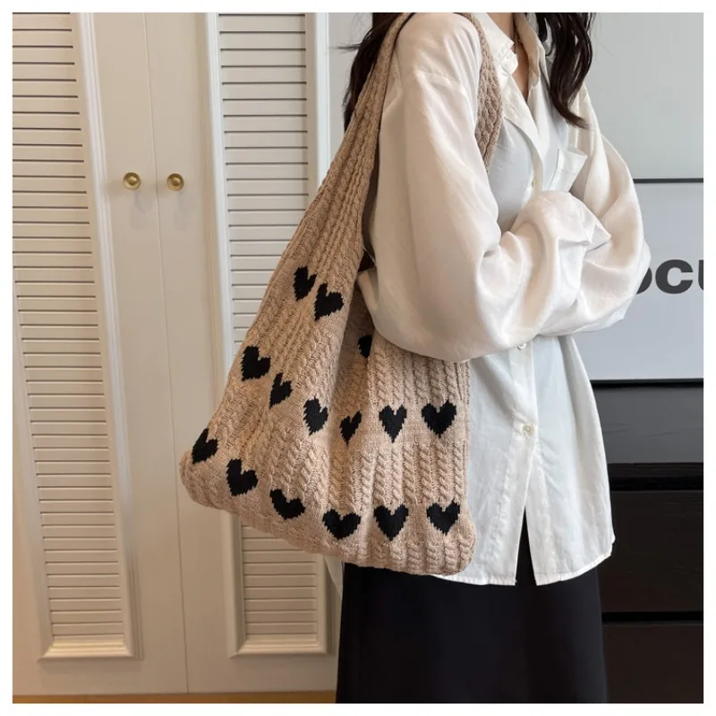 Heart Pattern Color Blocking Crochet Handbag Shoulder Bag Knitted Handbags Female Large Capacity Totes Women's Shoulder Bag