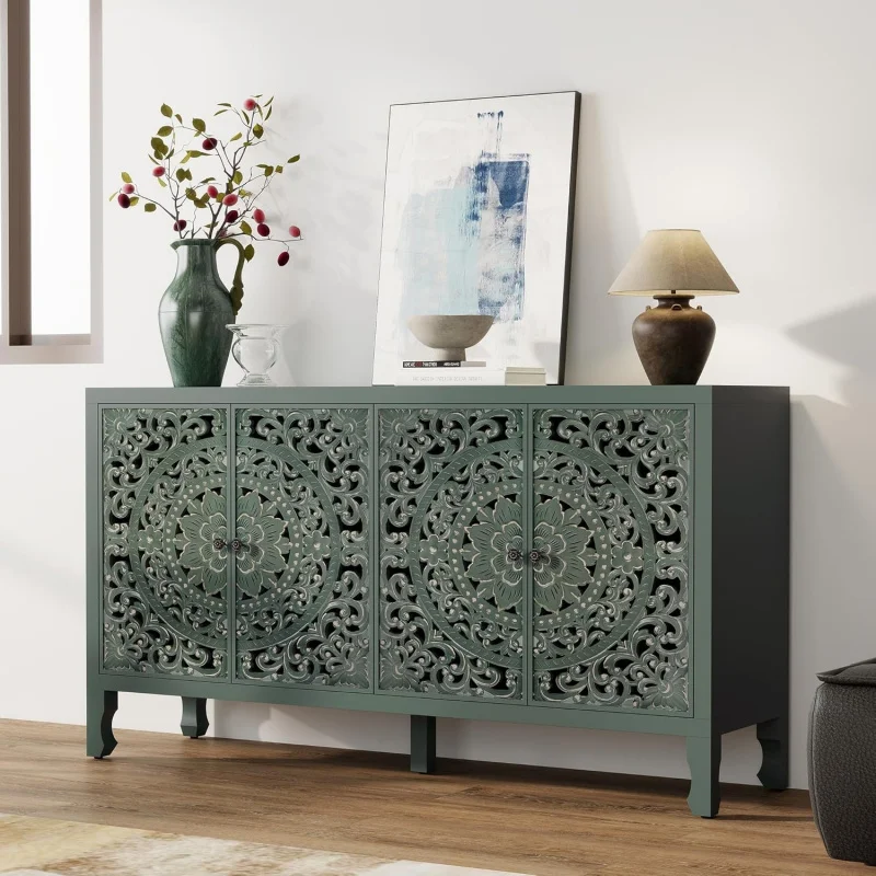 

Green Solid Wood Accent Cabinet, 4 Carved Sideboard/Adjustable Shelf, Vintage Storage Kitchen, Living Room, Entryway