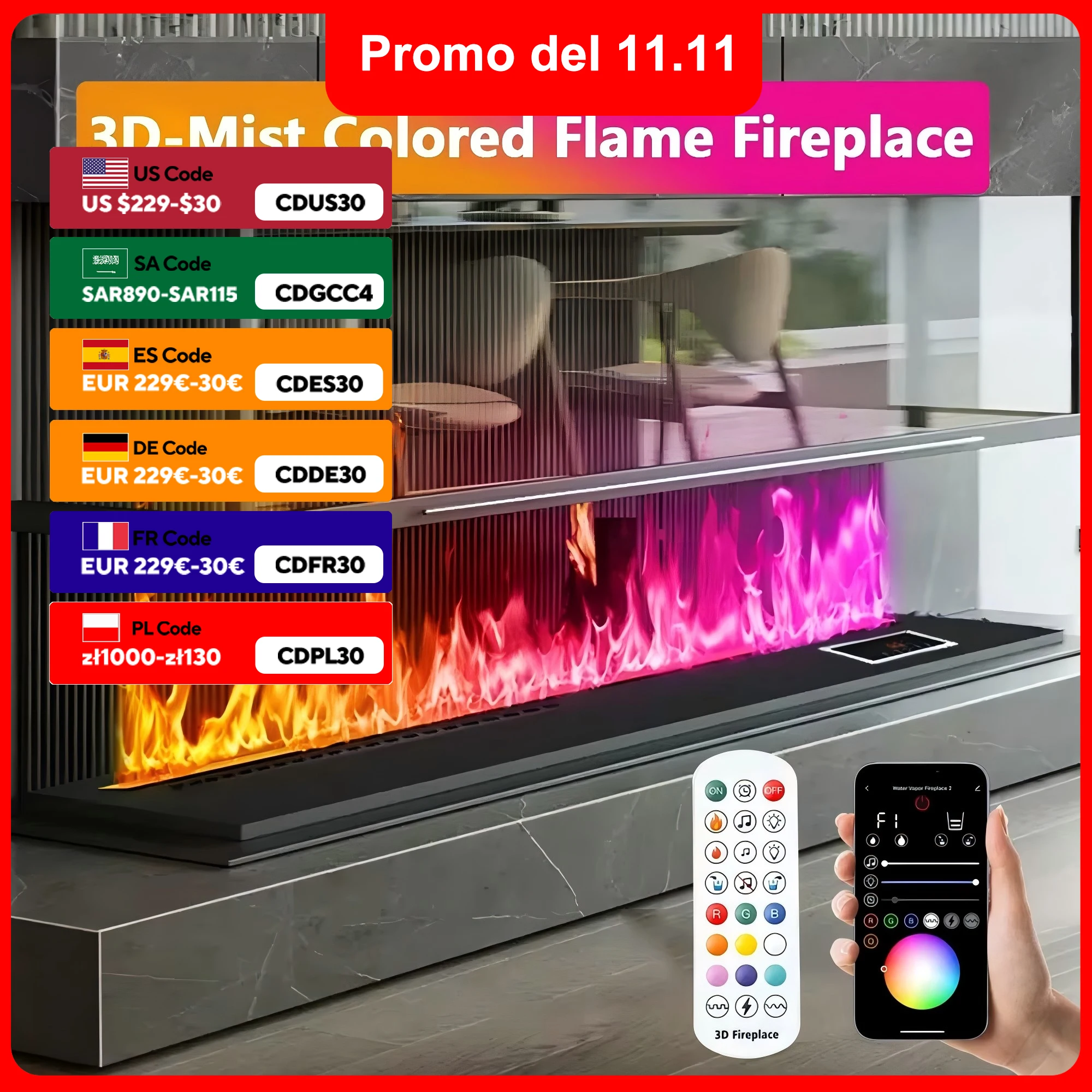 

Atomized fireplace simulated flame TV decoration with App remote control embedded 3D water vapor electronic fireplace