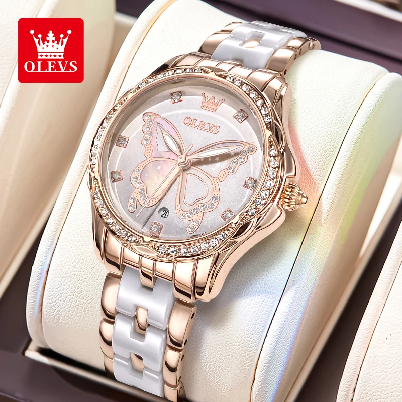 OLEVS 5610 Watches for Woman Original Luxury Brand Imported Movement Elegant Diamond Bezel Ceramic Strap Quartz Women's Watches