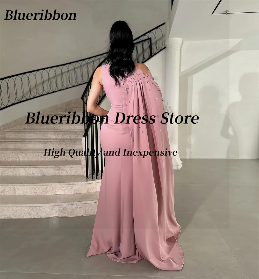 Blueribbon Customized Dresses for Special Occasions One Shoulder Long Ruched Prom Dresses with Beaded Shawls Evening Gowns