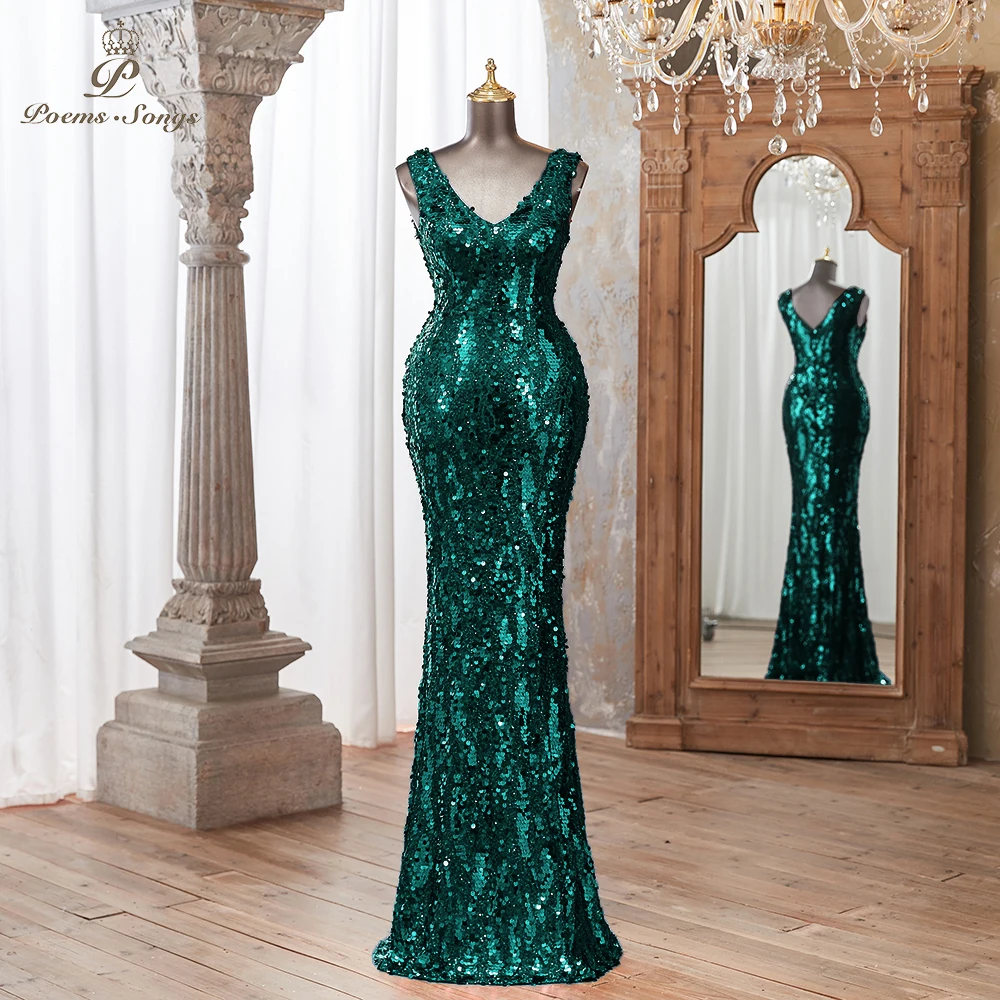 Customized Dark Green Women's Sequin V-Neck Sleeveless Glitter Mermaid Prom Evening Dress for Special Events vestidos de noche