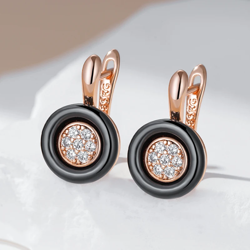 Kinel Hot Black Ceramics Drop Earrings For Women 585 Rose Gold Color Natural Zircon Accessories High Quality Daily Fine Jewelry