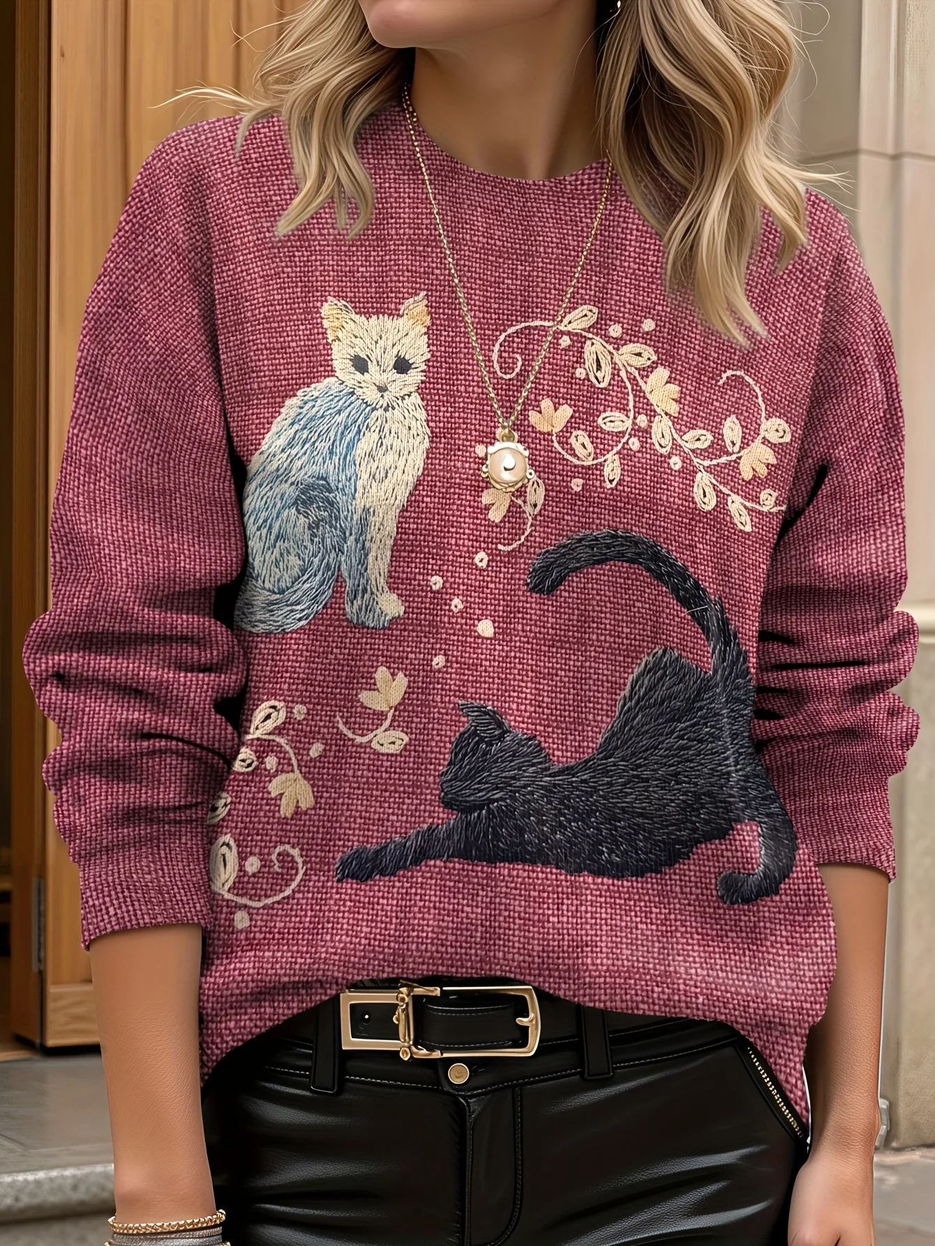 سترة نسائية ثلاثية الأبعاد مطبوعة بأكمام طويلة، فائقة الدقة، نمط زهور قطة واقعية، خفيفة الوزن، رقبة دائرية، ملابس نسائية ناعمة