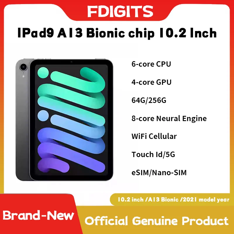 2021 IPad9 A13 Bionic chip 10.2 Inch 64G/256G WiFi Cellular Touch ID,eSIM, Original 6-core CPU 4-core GPU 8-core Neur