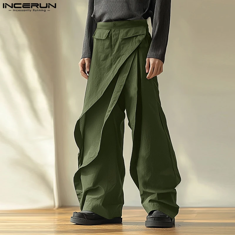 INCERUN Korean Style Trousers Fashion Men Deconstruction Layered Design Pant Casual Streetwear Male Solid Straight Leg Pantalons