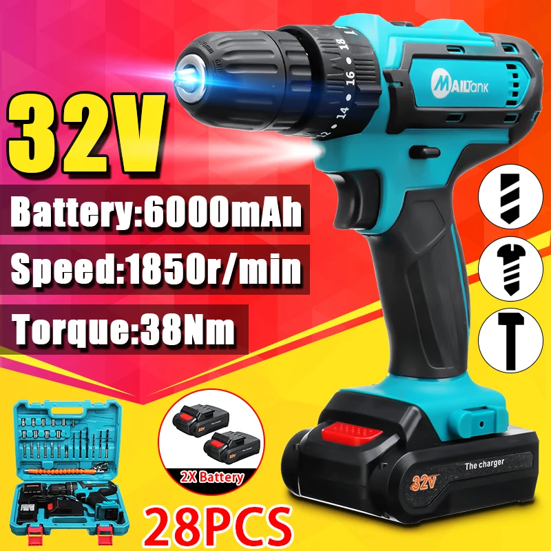 32V Cordless Drill Electric Screwdriver Electric Impact Drill Wireless Power Driver DC Lithium-Ion Battery Power Tools