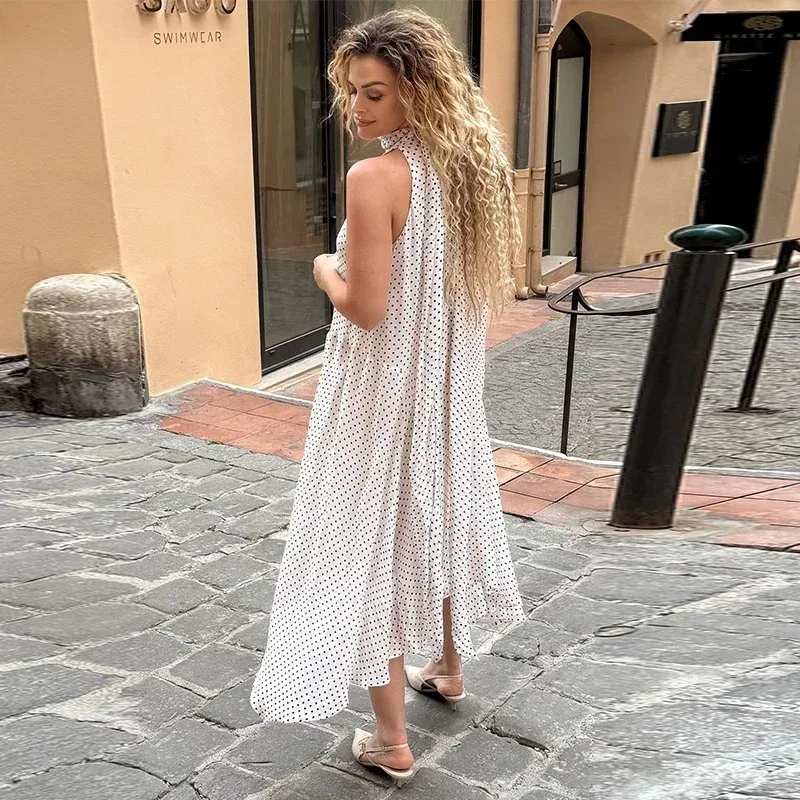 

Элегантное женское летнее платье в горошек с завязками на шее, свободного кроя, без рукавов, с асимметричным подолом и шарфом, новинка