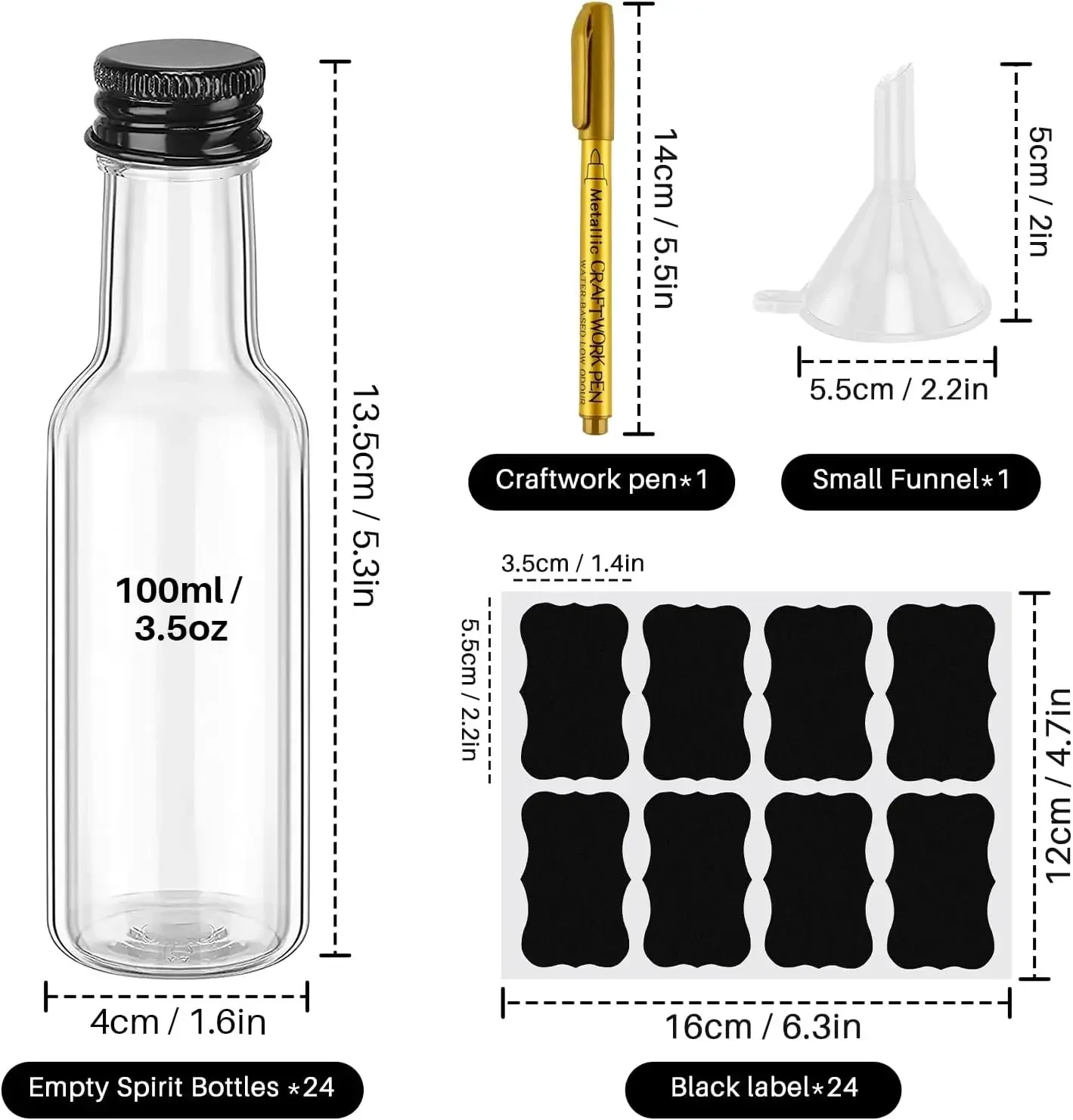 80pcs Bottles 100ml Empty Small Plastic Bottles Reusable Miniature Alcohol Bottles with Labels Funnel for Weddings Parties