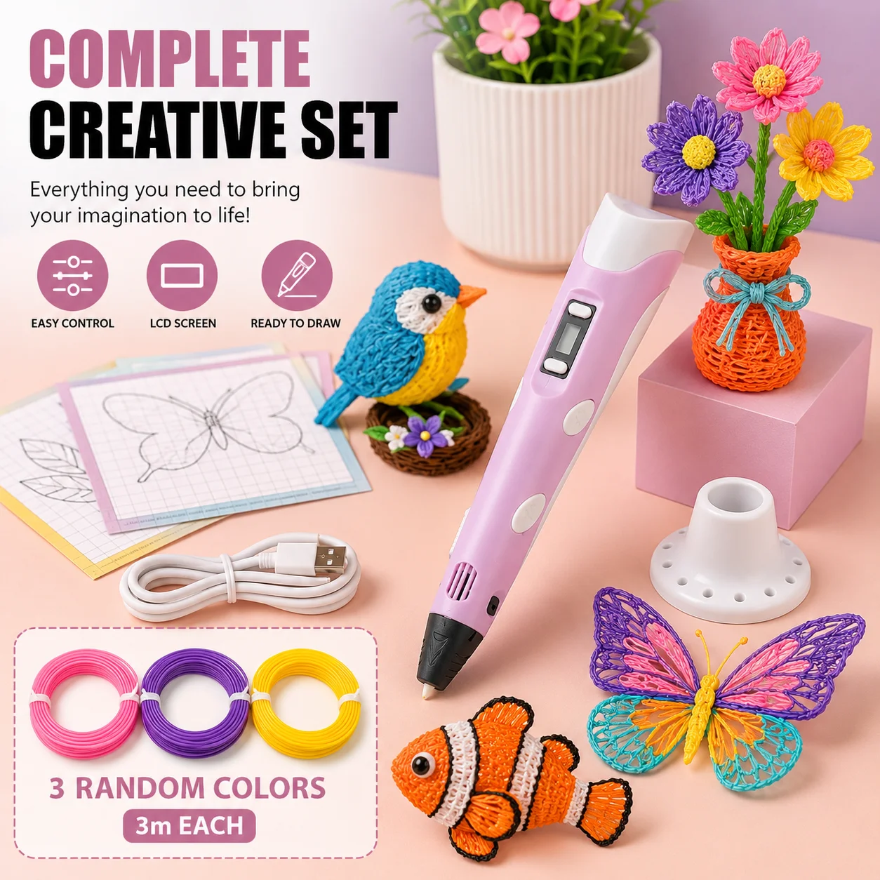 Kids Toys Drawing Easy - Zestaw długopisu 3D z ekranem LED,