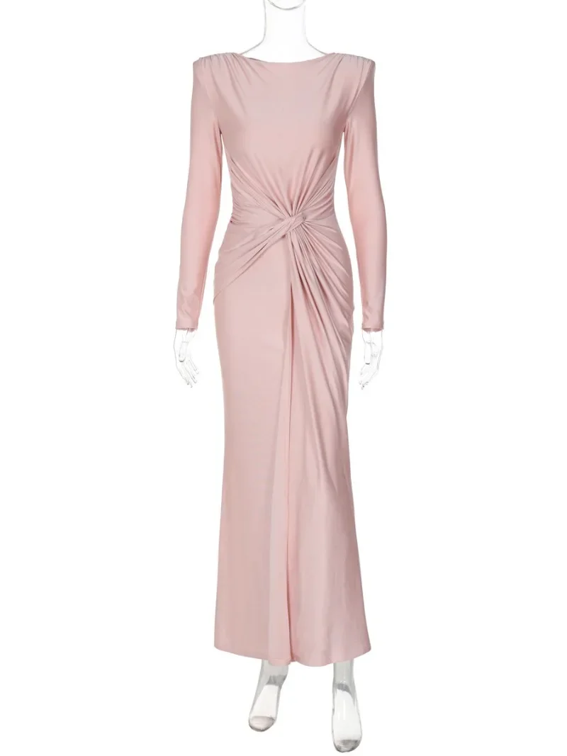 Eleganti pieghe a vita alta lunghi Maxi abiti rosa per le donne 2024 autunno o-collo manica lunga tuniche Slim Solid Party abito da sera