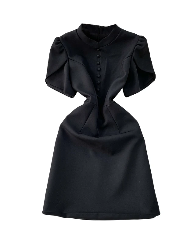 Retro Ele Stand Collar Bubble Sve Dr Mujer Otoño Invierno Adelgazante Envoltura alrededor de cintura alta Abotonada Ci Commute D...