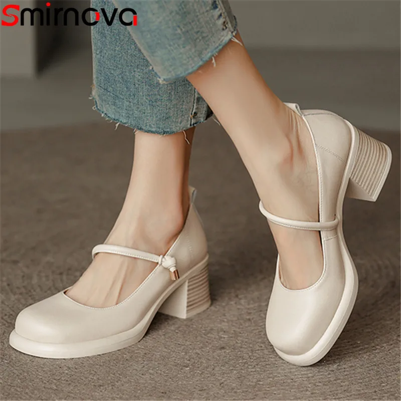 

Smirnova 2022 New Arrive Round Toe Shallow Women Pumps Classics Genuine Leather Summer Shoes Square High Heels Dress Shoes