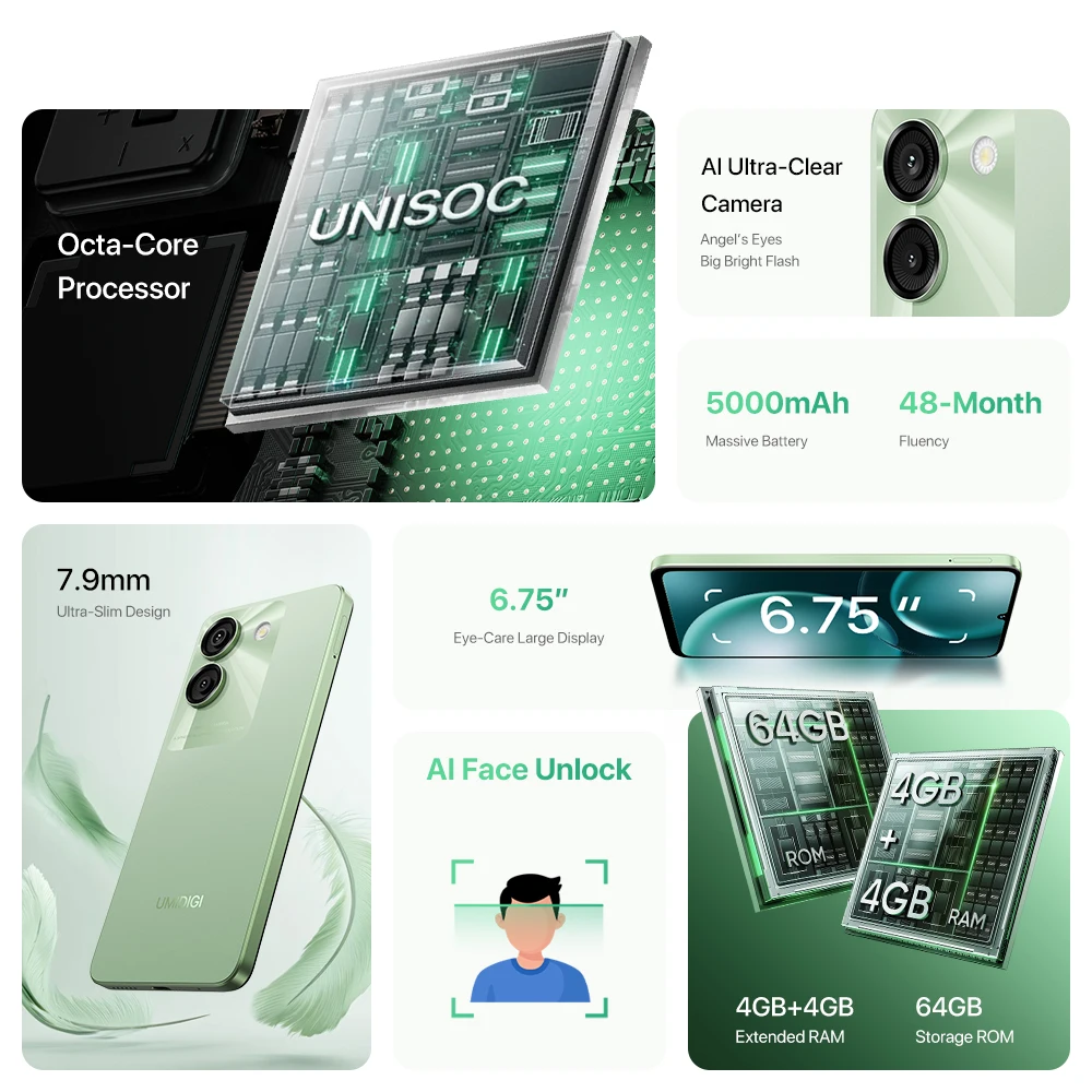 UMIDIGI-G9A Android 14 Smartphone 6.75 ” 5000mAh 4G 64G 13MP AI Camera UNISOC Octa-Core Cell Phone