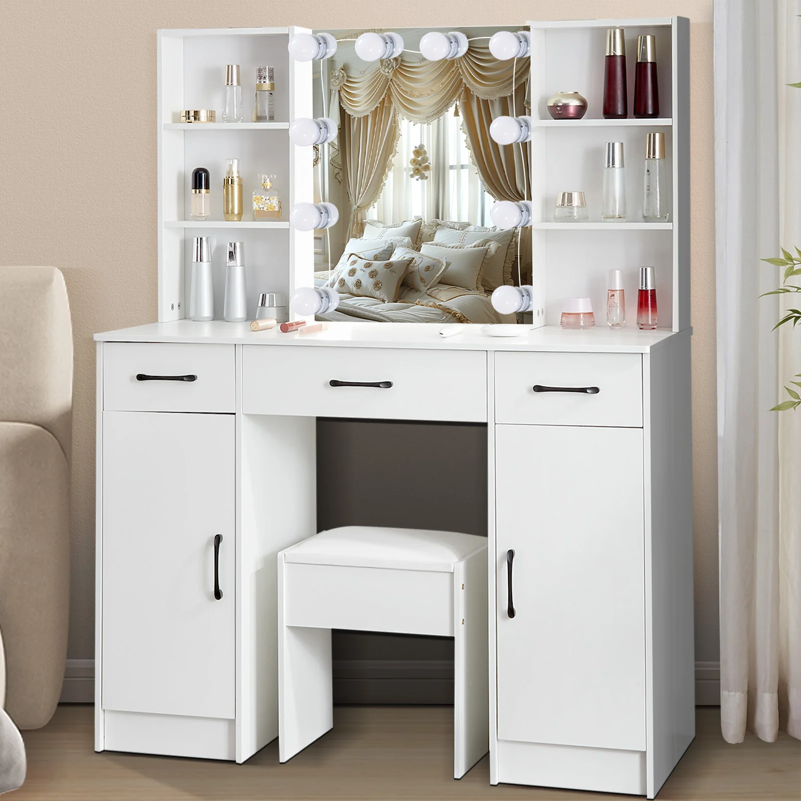 Dressing Table With 3-Colour Adjustable Brightness LED Lighted Mirror 3 Drawers Vanity Stool Makeup Desk Bedroom Furniture