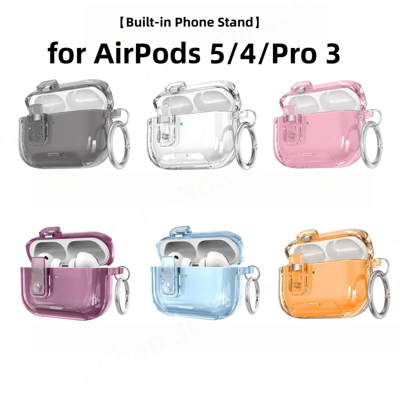 2026 Transparent Lock Case for AirPod 5/4/Pro 3 with Phone Stand &Cleaner Kit [Automatic Lock]Earbuds Case for Women AirPods 4/5