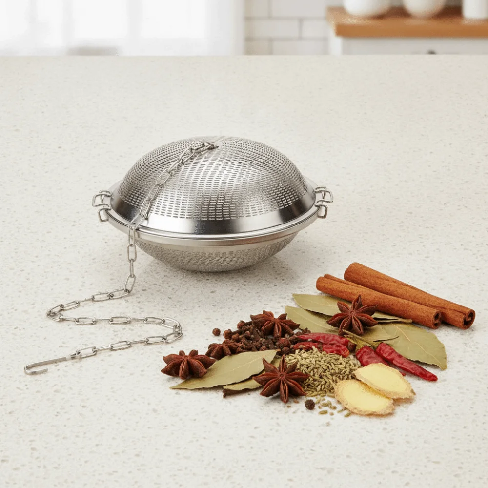 304 Stainless Steel Kitchen Spice Filter Ball Chain Hook Design Flying Saucer Shape Tea Infuser Built-in Clasp Round